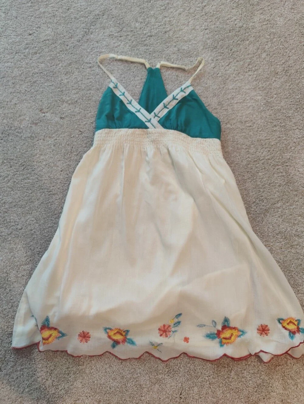 Adorable Cream and Teal Embroidered Sundress. So Cute! - Picture 1 of 8